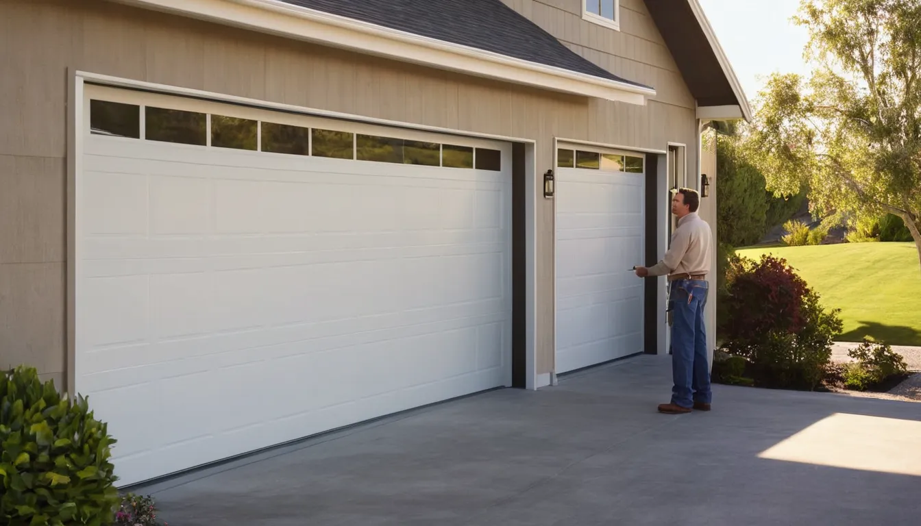 Friendly provider checking a newly installed garage door on a home in Lee's Summit